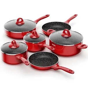 Induction Cookware Pots and Pans Set 10 Piece, BEZIA Dishwasher Safe Nonstick Cooking Pans, Stay-Cool Bakelite Handle, Scratch Resistant Kitchen Sets with Frying Pans, Saucepans & Stockpot (Red)