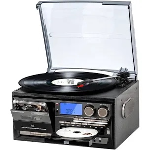 10 in 1 Record Player with External Speakers, 3 SpeedTurntable with AM/FM Radio, CD & Cassette Player, Bluetooth, USB/SD Playback, Remote Control, Black