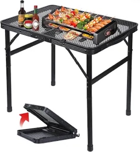 jkwokback Grill Table Camping Table Portable Folding Table Outdoor Picnic Table,Height Adjustable Collapsible Table with Mesh Desktop,Lightweight Metal Foldable Table for Camp BBQ Picnic RV