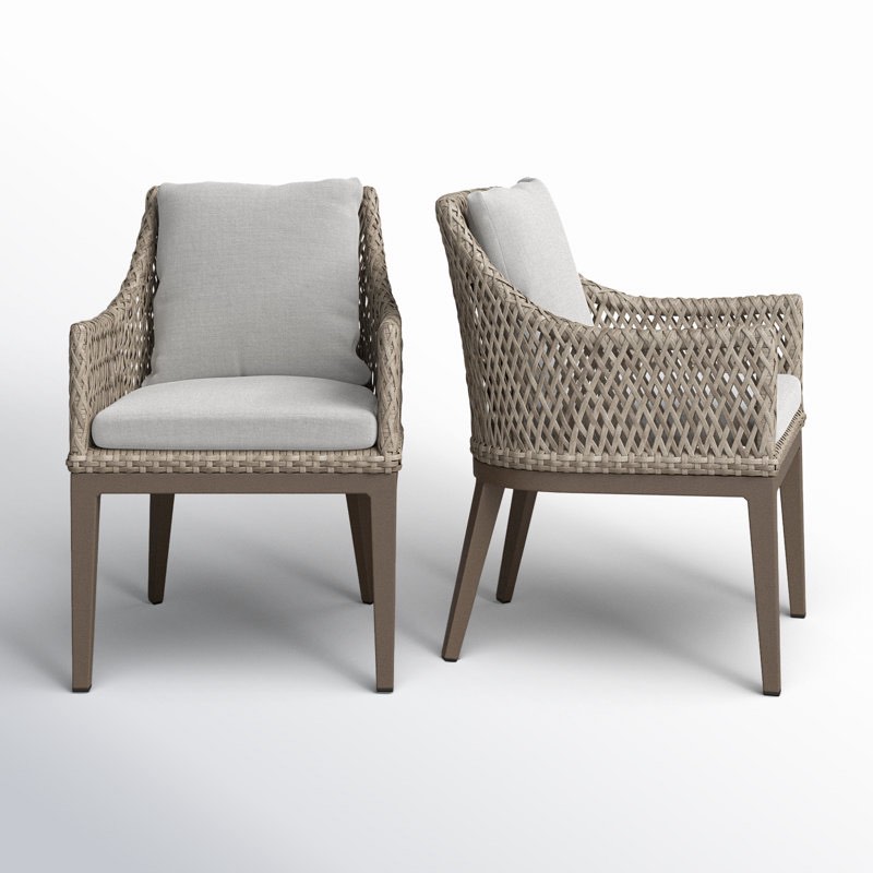 Chabely Outdoor Dining Chairs. Set of 2 Sand and Grey Woven Wicker Indoor/Outdoor Dining Chairs with Stone Grey Metal Base and Light Grey Patio Cushions.