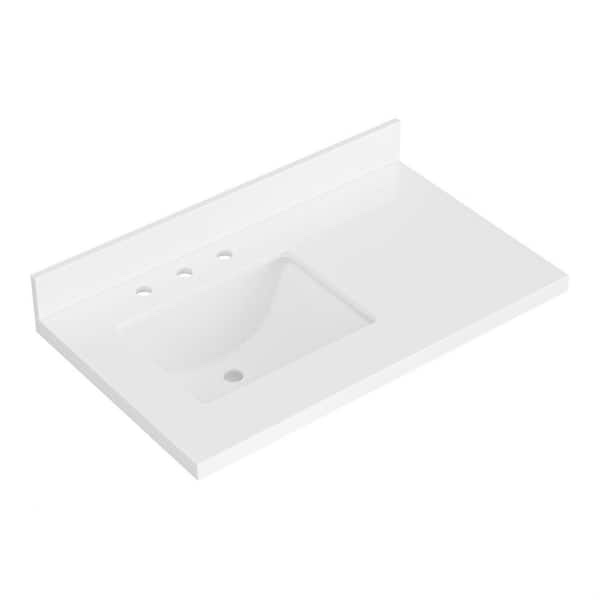 ARIEL 37 in. W. x 22 in. D in Pure White Quartz with 1.5 in Thick Milter Edge with Rectangle Single Sink Vanity Top in White