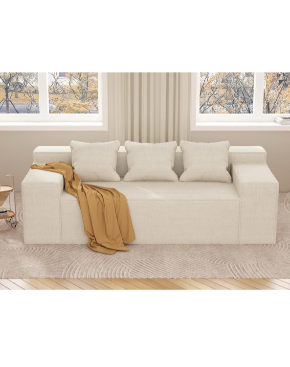 Modern 3-Seater Sofa, Hybrid Sofa in a Box, No Assembly Required, Comfy Sofa Couch with 3 Matching Pillows, Cat-Scratch Resistant Linen, Couch for Living Room or Bedroom, Beige