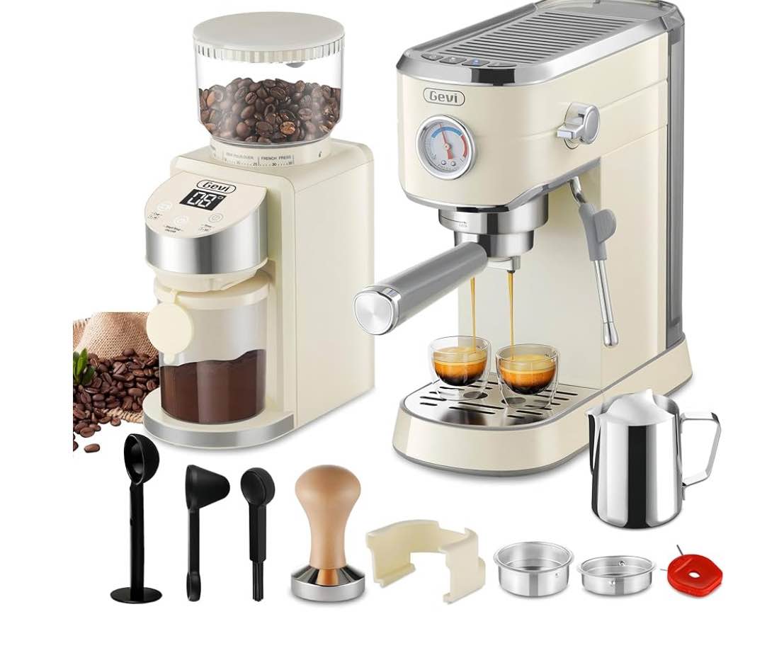 Gevi 20 Bar Compact Professional Espresso Coffee Machine with Milk Frother for Espresso, Latte and Cappuccino Burr Coffee Grinder with 35 Precise Grind Settings, Beige