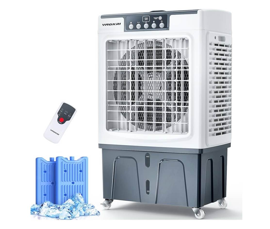 Evaporative Cooler, VAGKRI 2100CFM Air Cooler, 120°Oscillation Swamp Cooler with Remote Control, 24H Timer, 3 Wind Speeds for Outdoor Indoor Use,8 Gallon