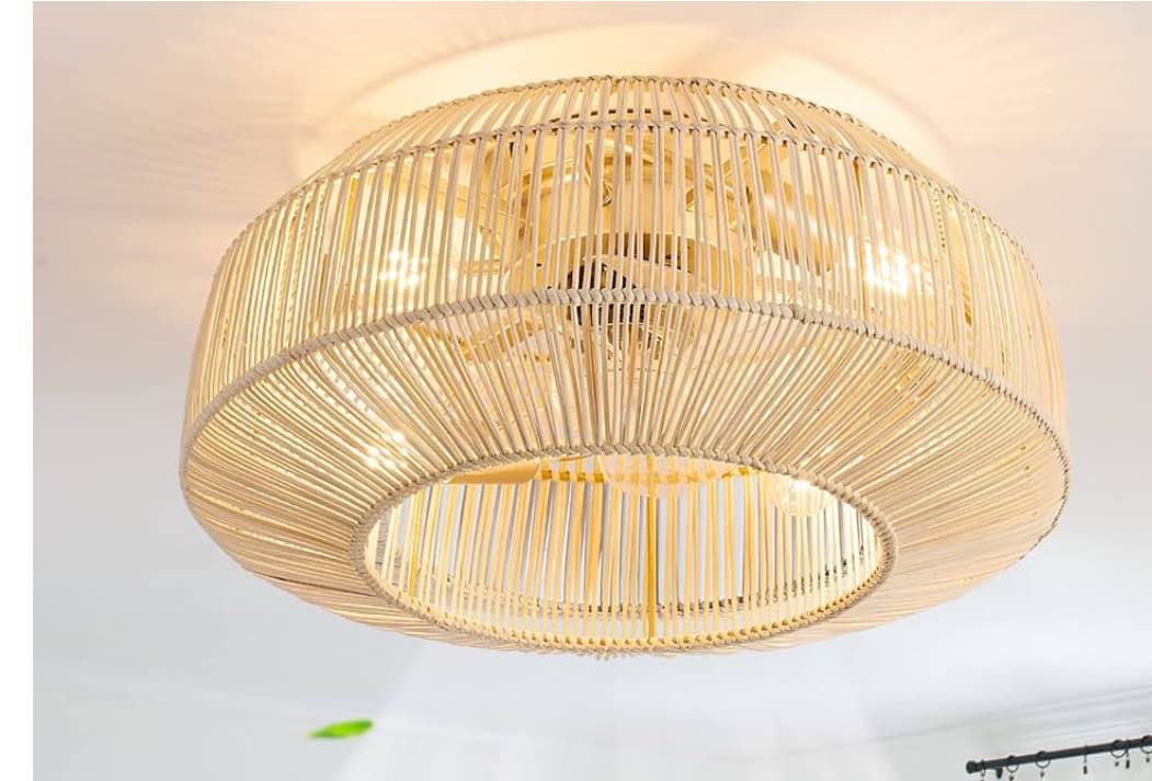 20" Boho Caged Ceiling Fan with Lights Flush Mount, Low Profile Rattan Ceiling Fans with Lights and Remote Control, Enclosed 6 Speeds for Bedroom, Living Room, Kitchen