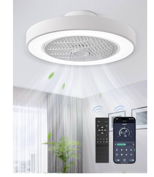 LEDIARY 20 Inch Low Profile Ceiling Fan With Light, Led Bladeless Ceiling Fan, Remote Control Enclosed Flush Mount Ceiling Fan With Timming, 3000-6000K, 6 Wind Speed, 3000LM, 57W-White