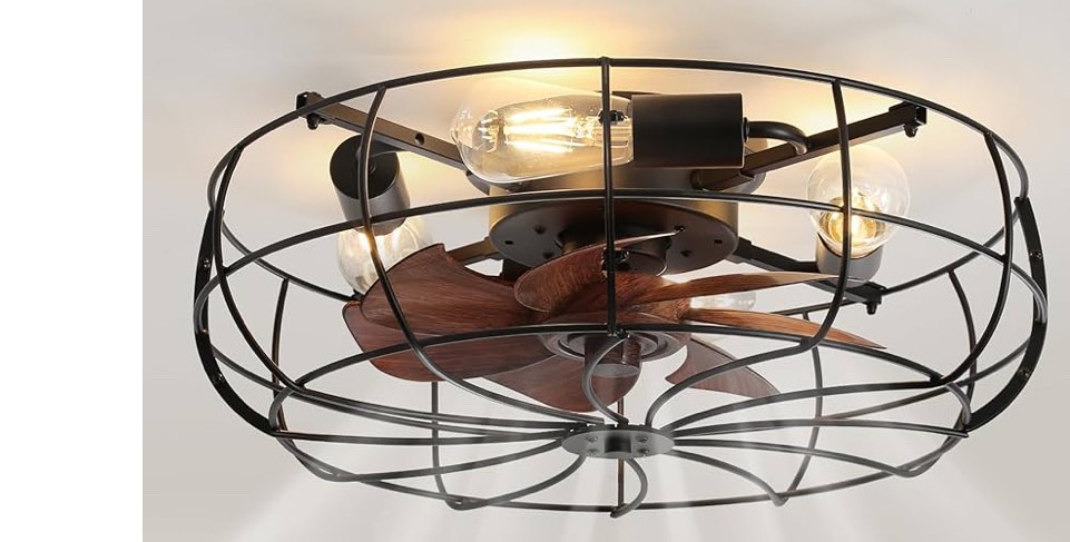 LEDIARY 20" Caged Ceiling Fans with Lights and Remote, Flush Mount Bladeless Ceiling Fan Low Profile, Small Farmhouse Industrial Enclosed Ceiling Fan with Light for Bedroom, Kitchen, Indoor