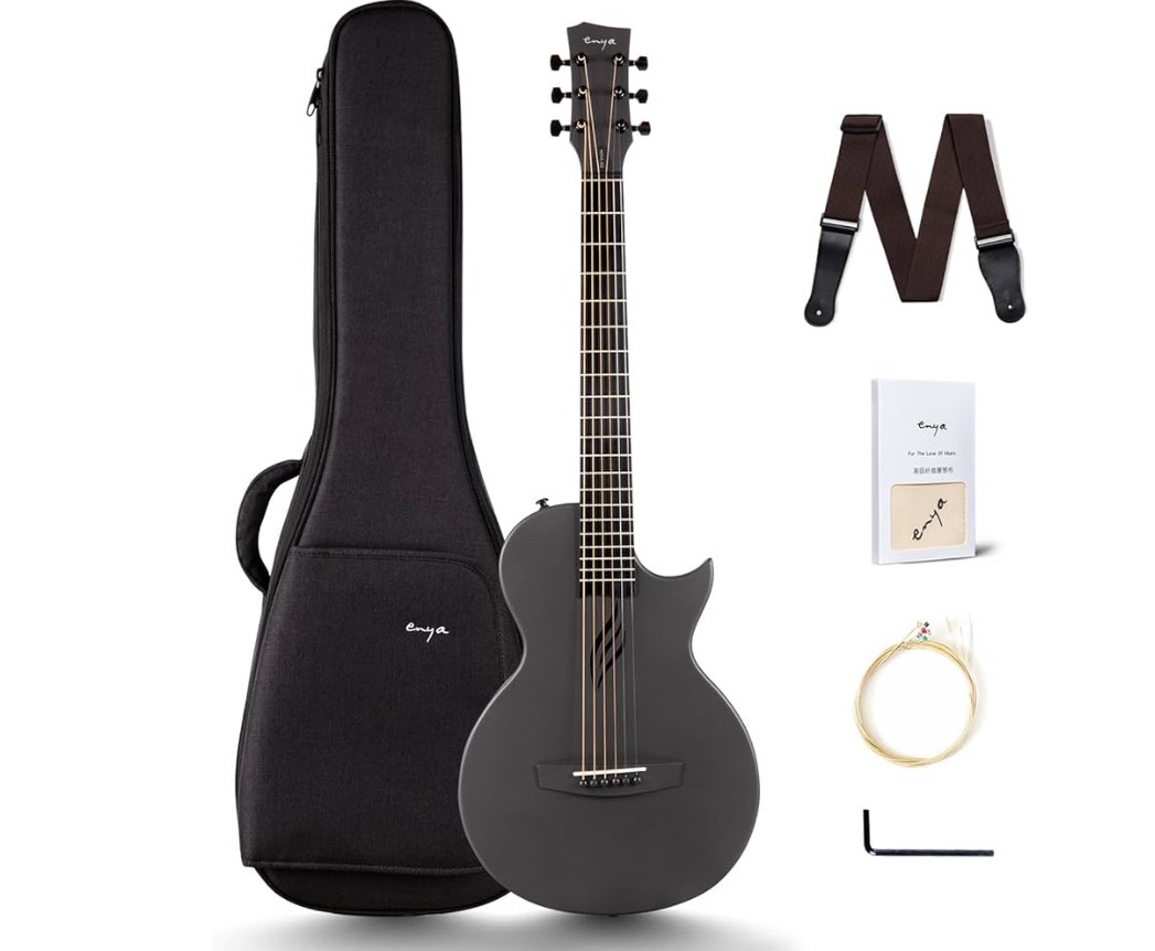Enya Nova Go Carbon Fiber Travel Acoustic Guitar | 1/2 Size Lightweight Moisture-Proof Guitara | Adult & Beginner Portable Guitar with Gig Bag & Accessories (Black)