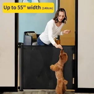 Likzest Retractable Mesh Gate, 33" Tall, Extends up to 55" Wide, Child & Pet Safety Gate for Stairs, Doorways & Hallways, Ideal for Dogs & Cats Indoors & Outdoors (Black)