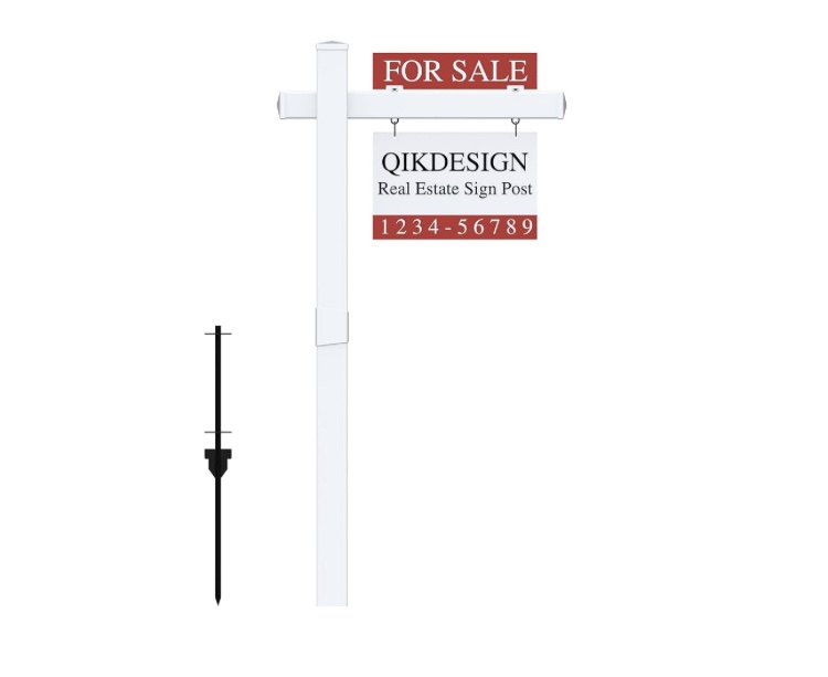 Quiksigns. Vinyl PVC Real Estate Sign Post 6' Tall (Connected type), White Realtor Yard Sign Post with Flat Cap for Open House, 36" Arm Holds Up to 24" Sign