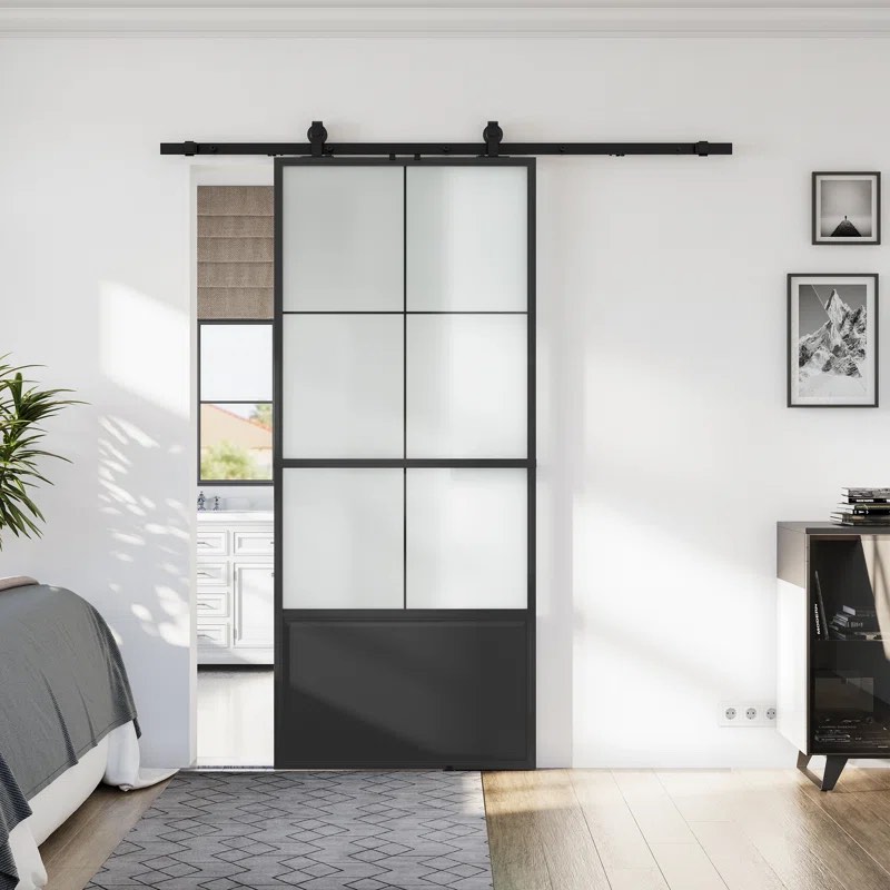 84" Glass and Metal Barn Door with Installation Hardware Kit (Include Soft-Close)