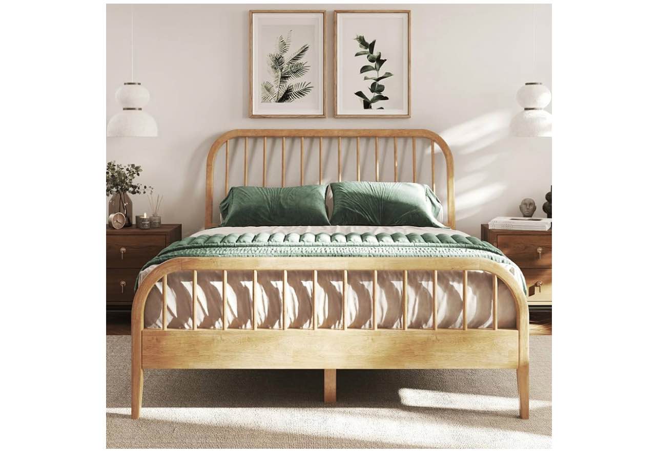 DG Casa Wesley Solid Wood Queen Size Bed Frame - Mid Century Modern Style, Platform with Spindle Headboard and Footboard, No Box Spring Required, Natural Finish