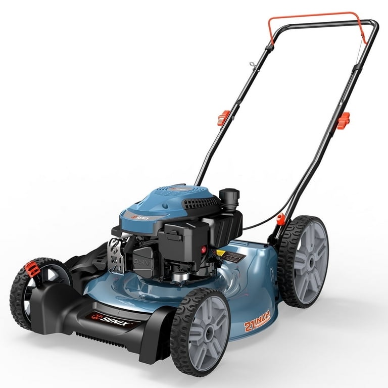 SENIX Gas Lawn Mower, 21in Cuttting Blade / 22in Cutting Deck, 144cc 4-Cycle, 2-In-1 Mulch & Side Discharge Push Mower, 6 Height Adjustments, 11" Rear Wheels, LSPG-L6