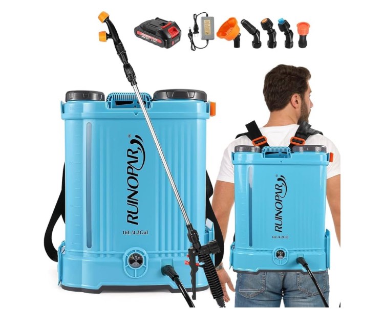 Ruinopar. Battery Powered Backpack Sprayer 4 Gallon,100 PSI Adjustable Pressure,Compatible with Makita 18V Battery,Electric Garden Sprayer with 21V 2.6Ah Battery,Weed Sprayer for Weeding, Spraying & Cleaning