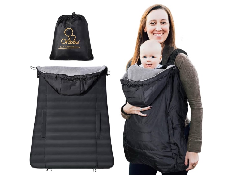 Orzbow Winter Baby Carrier Cover with Detachable Hood, Waterproof & Windproof, Universal for Baby Carriers and Baby Waist Stool, Baby Bunting Bag for Car Seats and Strollers with Storage Bag, Black