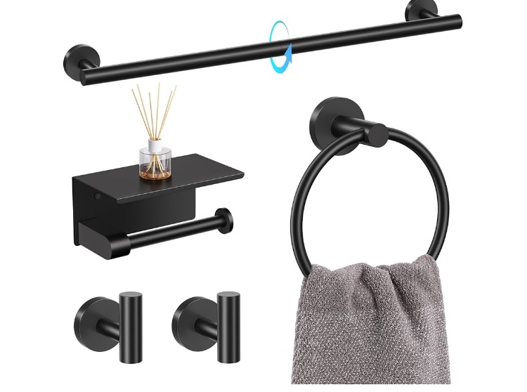 TQKAG 5 Piece Bathroom Towel Bar Holder Sets Matte Black Bathroom Hardware Set Stainless Steel Toilet Paper Holder with Shelf Bathroom Accessories Kit Wall Mounted