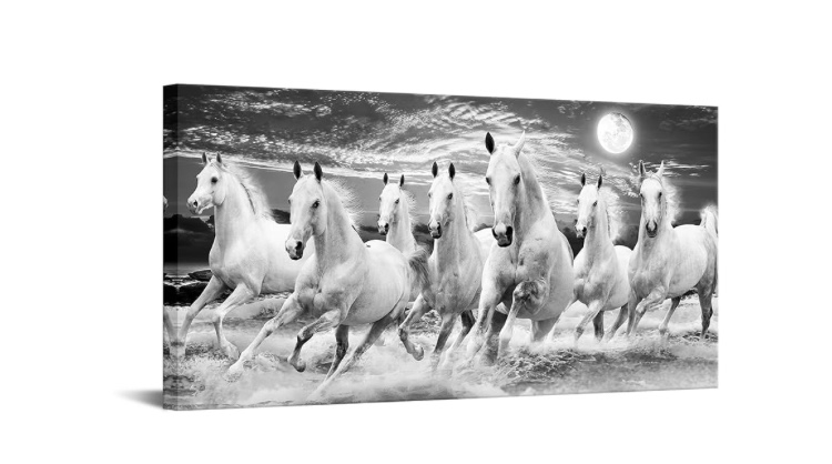 iKNOW FOTO Large Black and White Running Horses Wall Art Canvas Prints Modern 7 White Horses with Full Moon Picture Animal Paintings on Canvas Artwork for Walls 20x40 Inches