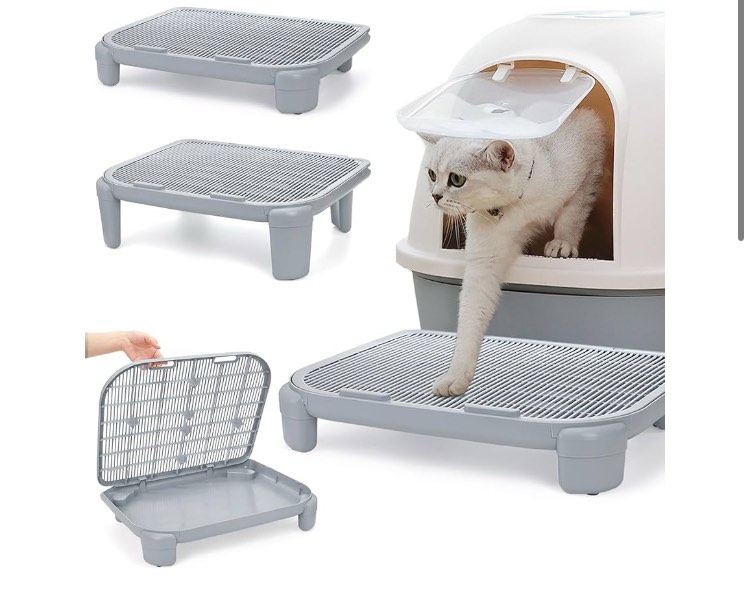 NOAMUS. 2 Pack Adjustable Cat Ramp for Litter Box, Elevated Cat Litter Storage Trapper, Self-Cleaning Litter Tray with Filter Function, Double Layer Cat Step for Small&Senior Cats, Floor Indoor(Grey)