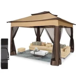 HOTEEL 11x11 Outdoor Waterproof Gazebo, Pop up Canopy Gazebo with Mosquito Netting & UV Protection for Parties, Camping, Weddings, and Backyard Events, Brown