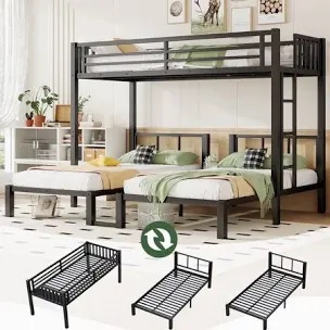 Duxelifin Triple Bunk Bed for Kids, Metal 3 Bed Bunk Bed with Guardrail, Convertible Space-Saving Bunk Bed Frame for Children, Teens,Twin XL over Twin over Twin Size(Black)