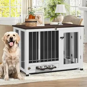 Dog crate with feeding bowl, vintage color, and white