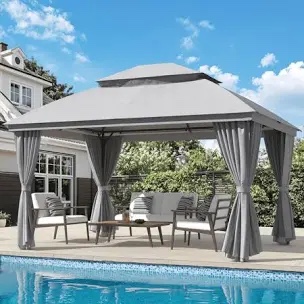 (has rust) vitarpatio 10'x13' outdoor gazebo with mosquito netting and privacy curtains, metal patio grill gazebo sunshade canopy poolside tent with ventilated double roof
