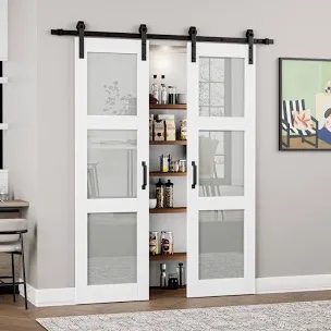 Double 18×84 Inch Glass Barn Door Slab and 6.6ft Hardware Kit Included, 3 Frosted Glass, LVL Wood Panel Covered with White Water-Proof Scratch-Proof PVC Surface, Simple DIY Assembly