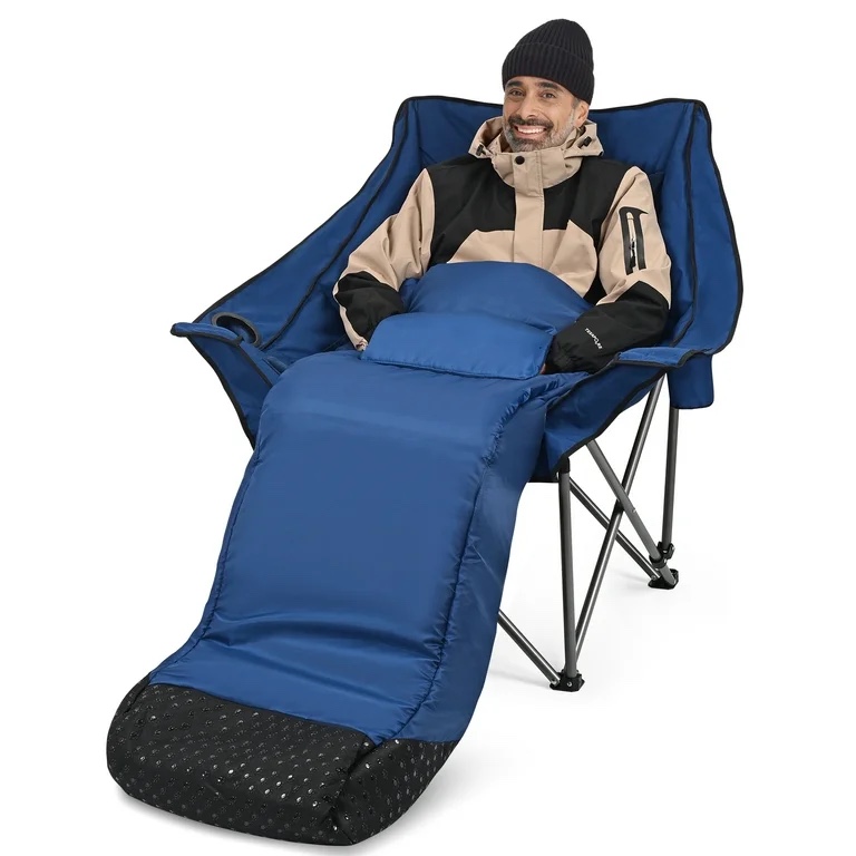 WARM-U-FEET Oversized Padded Comfort Camping Chair with Foot Pocket Blanket, Insert Hand Warmer to Convert into a DIY Heated Chair for Winter Outdoor Sports, Ice Fishing, Hunting, and RV