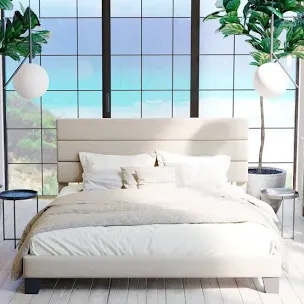 elison platform bed with fabric upholstered headboard and wooden