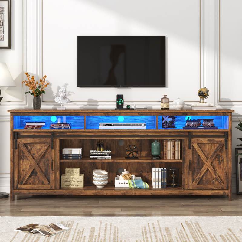 wooden farmhouse entertainment center for 60/65/70/75/80/85 inch tv,double layer storage farmhouse tv stand,double-row sockets with wood sliding barn door tv stand