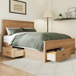 seadrift queen size storage bed - modern wood platform bed with 6 drawers & tall headboard, no box spring needed