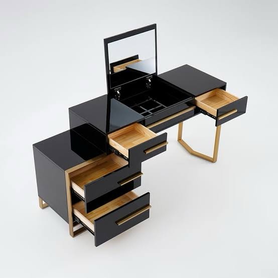 4’ wide Black make up vanity with cabinet base with gold handles 