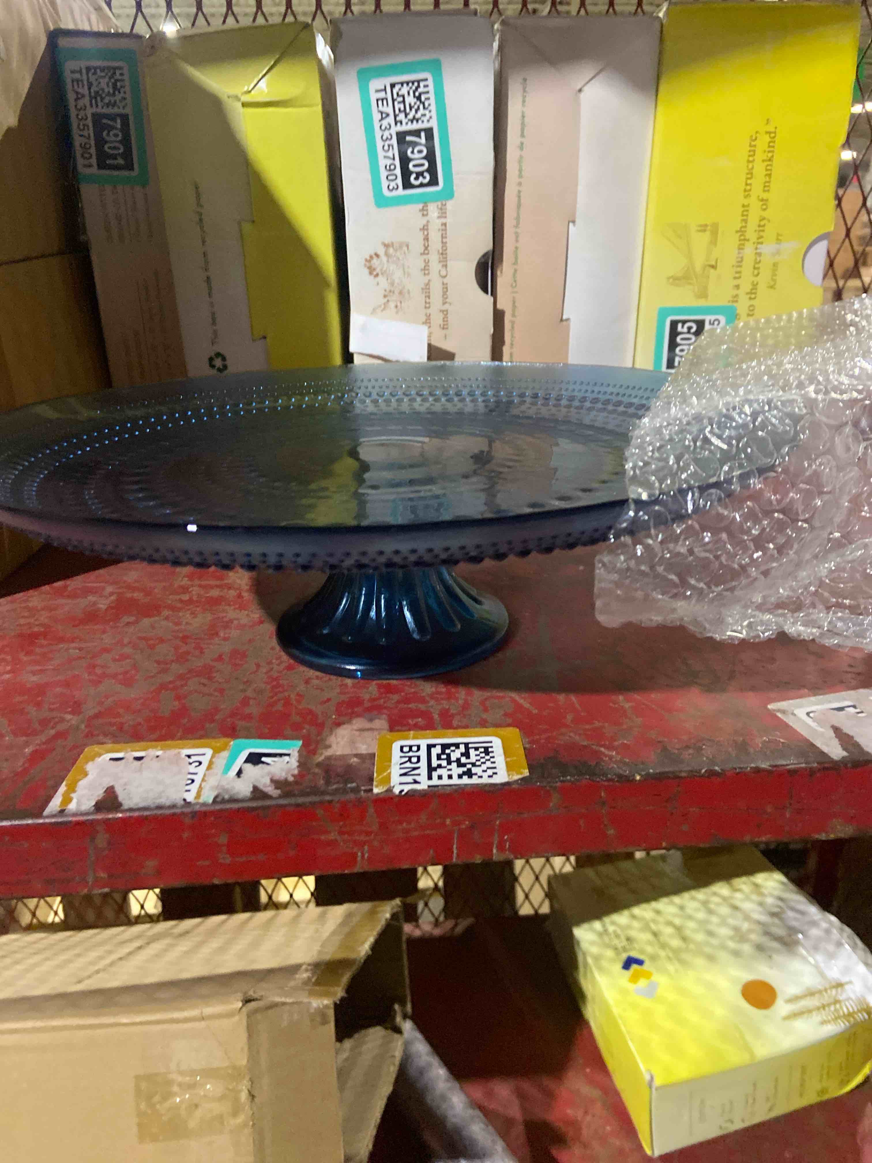 Condition photo showing New/Like New for Fortessa Jupiter Beaded Hobnail Glass, 13 Inch Cake Stand, Cornflower Blue 13 Inch Cake Stand Cornflower Blue