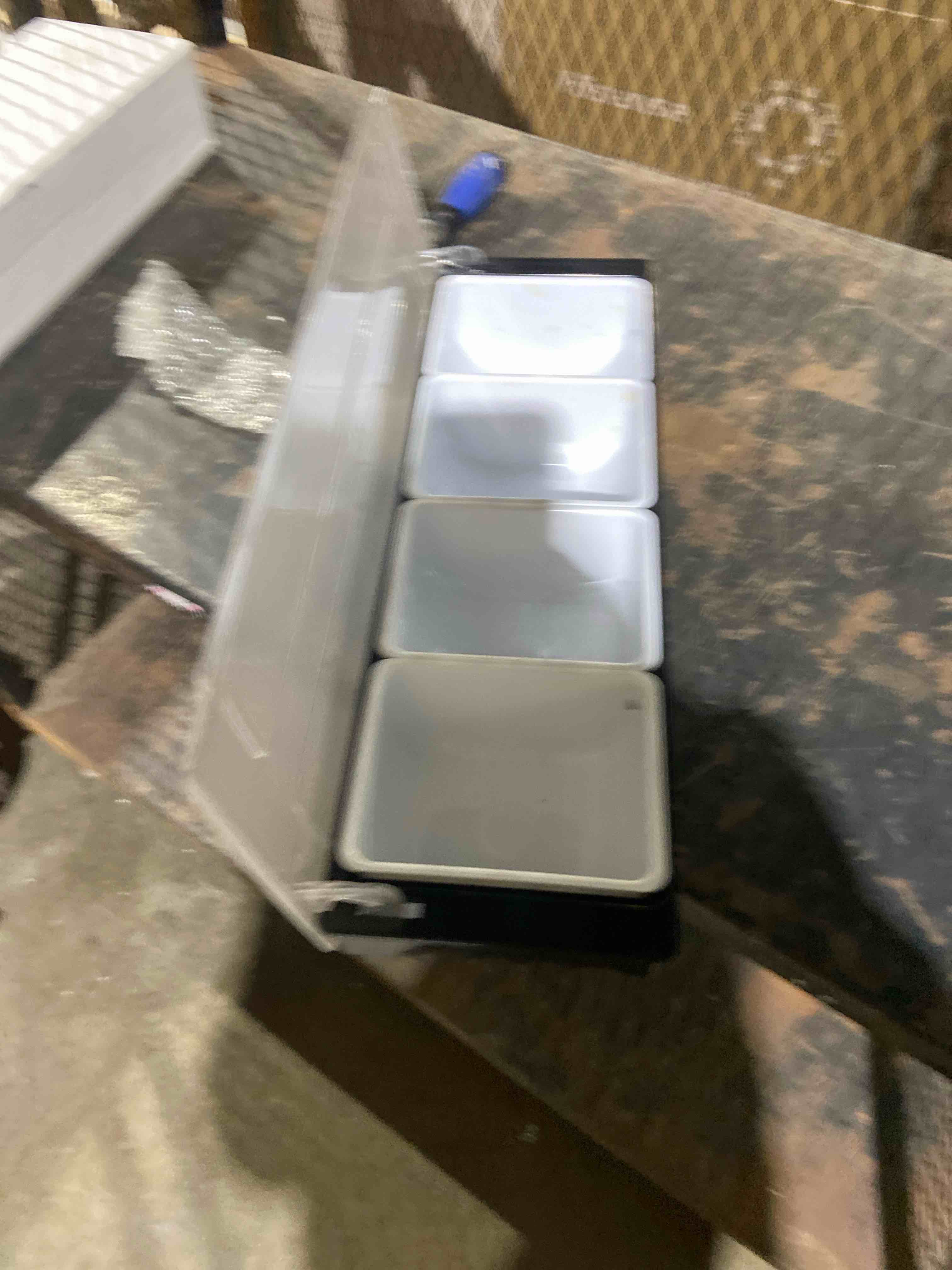 Condition photo showing Good Condition for WICHEMI Fruit, Veggie & Condiment Caddy with Lid Dispenser Tray Plastic Garnish Station for Bartending & Serving Taco, Ice Cream, Salad Bar - Topping Organizer for Restaurant Supplies (4 Compartment). gently used 