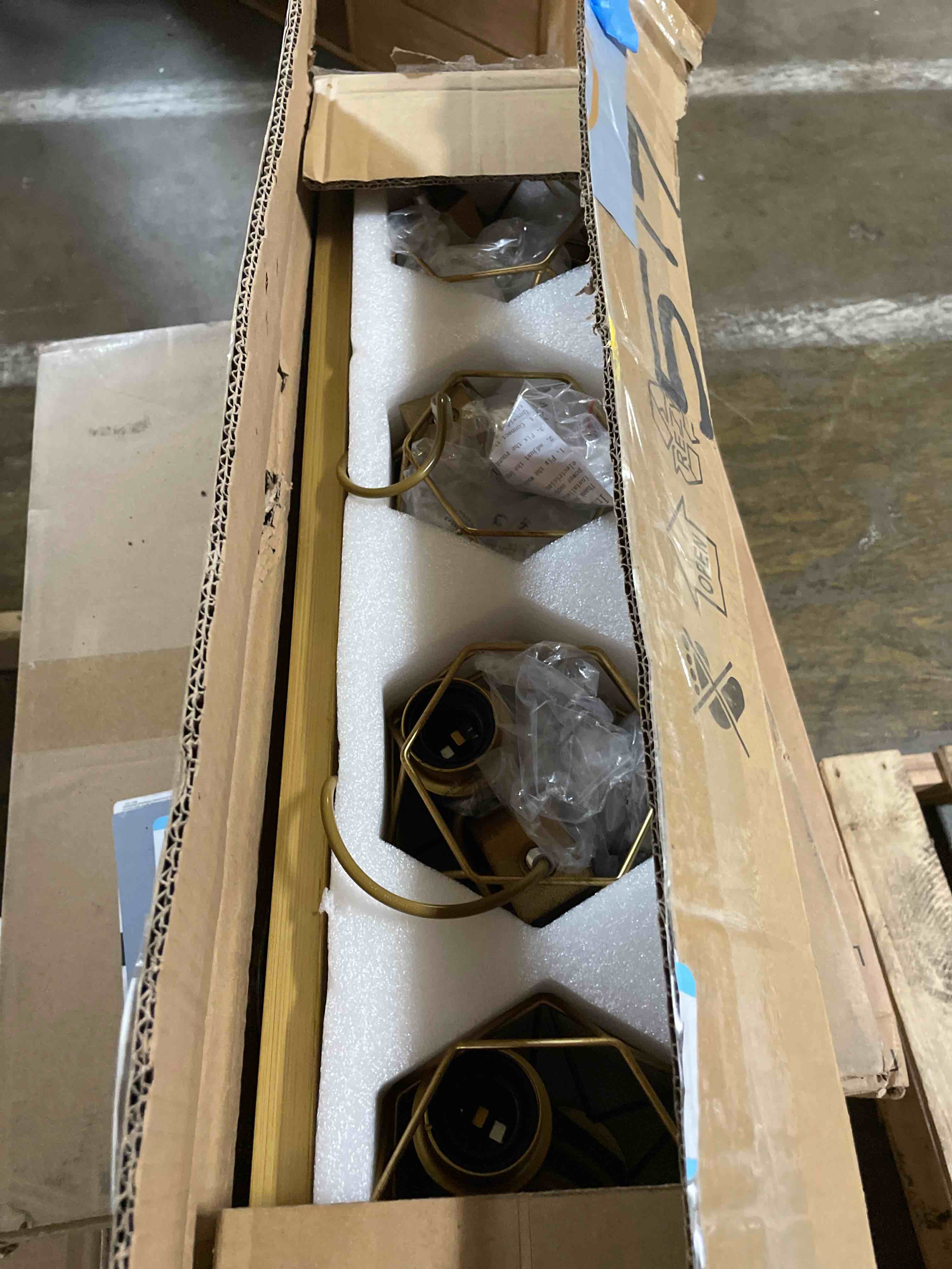 Condition photo showing New/Like New for Farmhouse Bathroom Light Fixtures, 4-Light Gold Bathroom Vanity Light, Rustic Matte Antique Brass Finish with Metal Lampshade, Wall Sconces for Bedroom, Living Room, Hallway Gold 4-Light