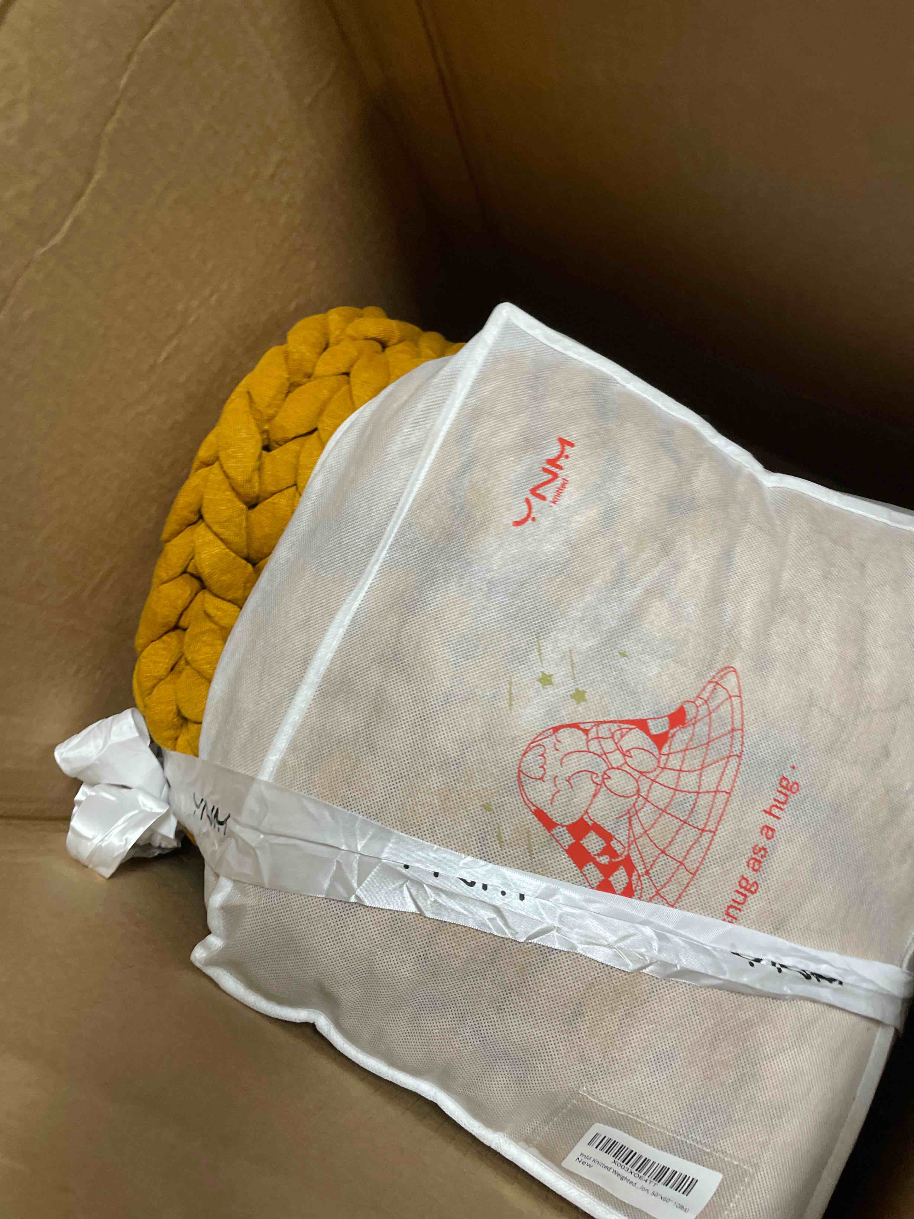 Condition photo showing New/Like New for YnM Knitted Weighted Blanket, Hand Made Chunky Knit Weighted Throw Blanket for Sleep or Home Décor (Yellow Fusion, 50''x60'' 10lbs)