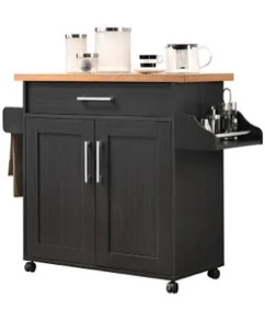 Hodedah Kitchen Island with Spice Rack, Towel Rack & Drawer, Black with Beech Top