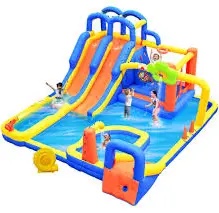 Inflatable Water 3 Slides Park with Blower, Inflatable Bounce House with Climbing Wall, Water Cannon, Dartboard, Flower Sprayer and Deep Pool