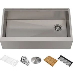 KRAUS Kore Workstation 36-inch Farmhouse Flat Apron Front 16 Gauge Single Bowl Stainless Steel Kitchen Sink with Integrated Ledge and Accessories (Pack of 5), KWF410-36