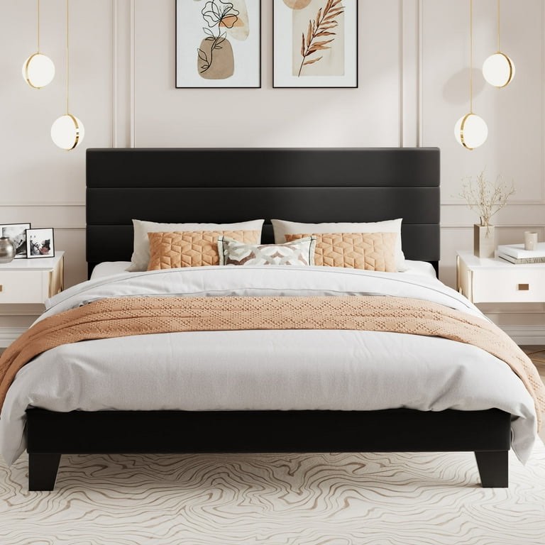 Amolife King Bed Frame, Platform Bed Frame with Velvet Upholstered Headboard, Black