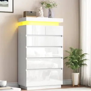 Tall Dresser With Led Lights, Glossy Wood Dresser With 6 Deep Chest