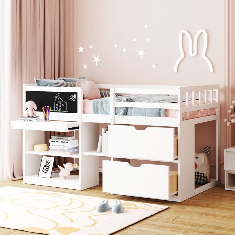 Twin Low Loft Bed w/ Rolling Desk, Shelf & Drawers - White 