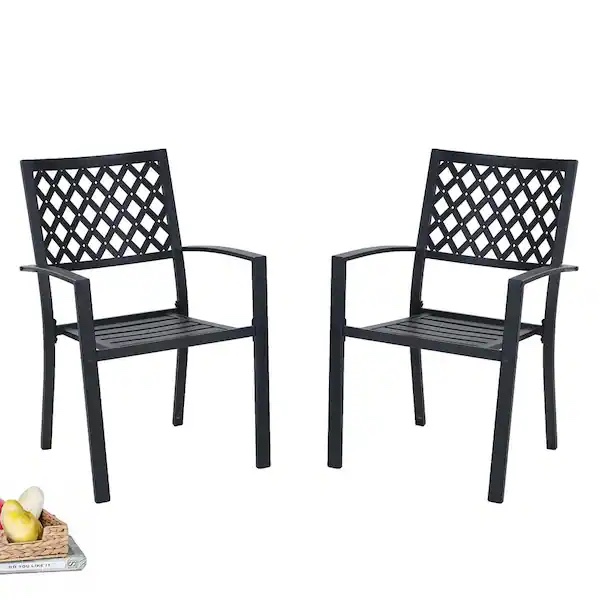 (Set of 2) PHI VILLA Black Stackable Elegant Metal Patio Outdoor Dining Chair