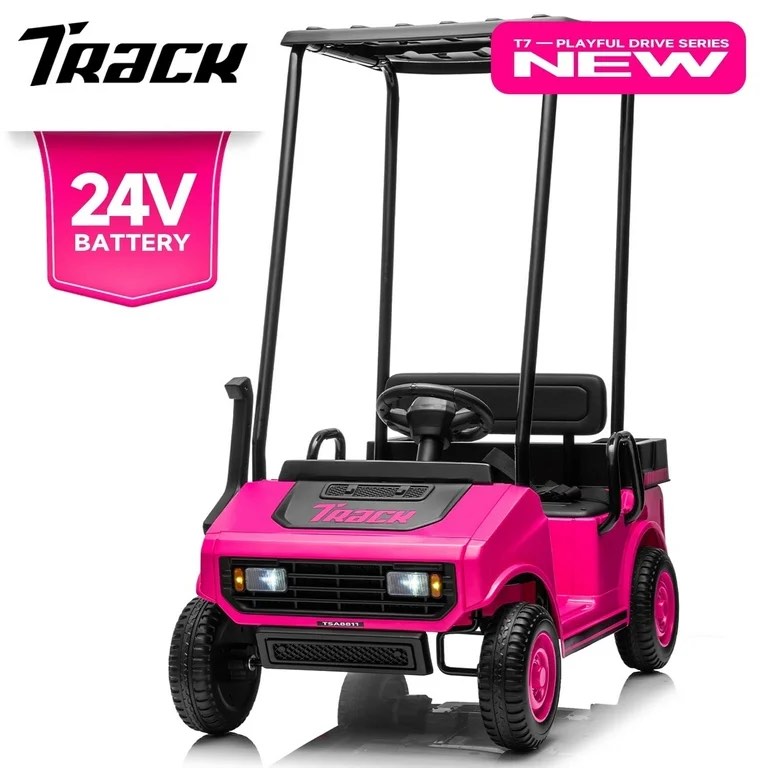 Track Seven 24V Ride-On Golf Car with Remote Control, Electric Vehicle for Ages 3+, Ceiling, Music, Rear Lockers, Slow Start, Shift Switch, 18.5" Large Seat (Pink)