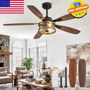 Farmhouse Ceiling Fans with Lights and Remote Control, 52 Inch Large Fandelier Ceiling Fan with Bubble Glass Shade 6-Speed Caged Ceiling Fan for Living Dining Room Bedroom, Walnut/Brown