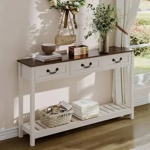 ChooChoo 47" Farmhouse Console Table with 3 Drawers, Rustic Entryway Table, Narrow Long Sofa Table for Living Room, Hallway, Behind Couch, Soft White and Brown