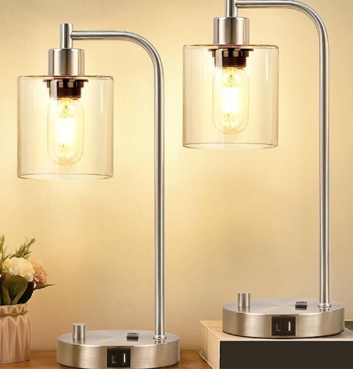 Lighting, 17"H, Table Lamp, Usb Port Included, Nickel Metal, Nickel Shade, Modern