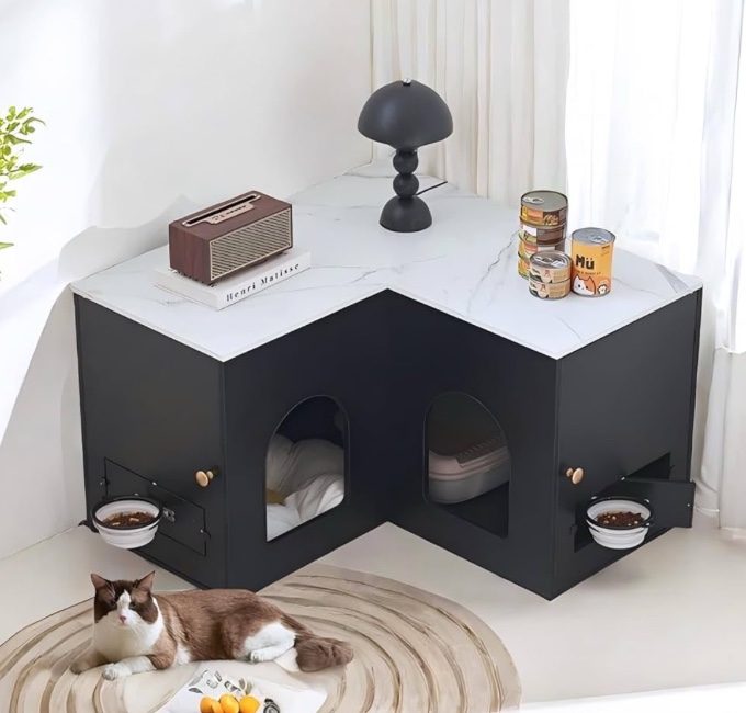 Modern Corner Cat Litter Box Cabinet for 2 Cats & Wood Litter Box Furniture, Hidden Cat Litter Box Furniture with Double Rooms and Collapsible Cat Bowl, Black/White