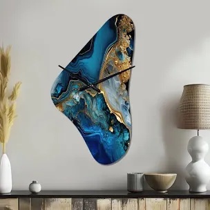 Abstract Geode Gold And Blue Marble IV - Boomerang Shape Decorative Blue Abstract Marble Wall Clock