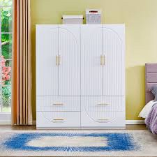 merta white wardrobe closet with soft-close doors — 3-tier shelves & 4 drawers mdf armoire for bedroom